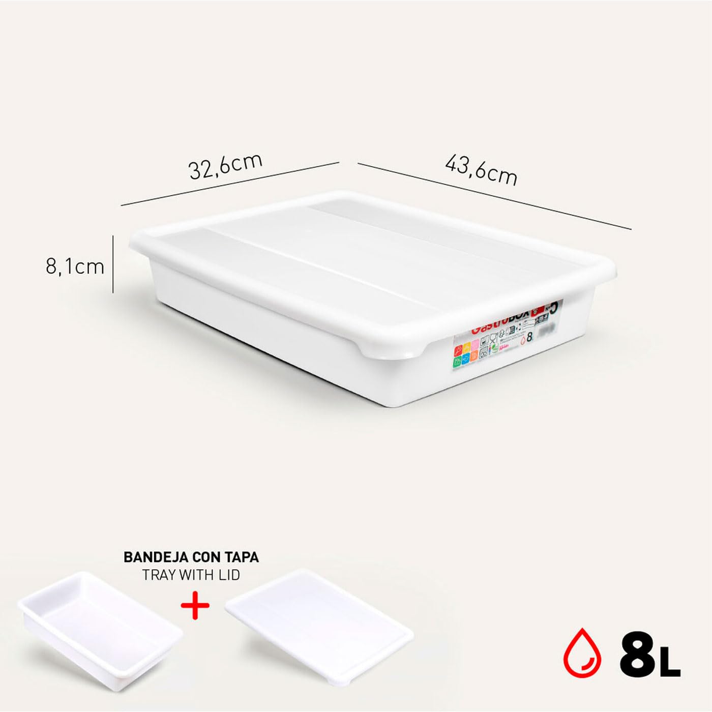 Tradineur - Pack de 6 bandejas frigoríficas de Almacenamiento con Tapa, N.º 5 - HG, plástico, Reutilizables, Guardar Alimentos, Fabricadas en España (Blanco - 8 litros - 43,6 x 32,6 x 8 cm)