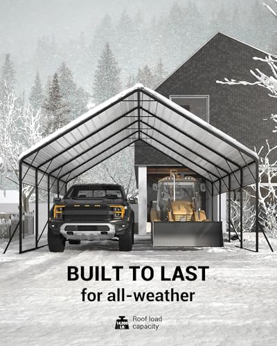 Image of Garveelife 20 ft x20 ft x13 ft Metal Carport for 2 Cars, Heavy Duty Steel Frame for All Weather, Permanent Shelter for Boats, Full-Sized Pickup Trucks, and Tractors, N.W. 800 LBS
