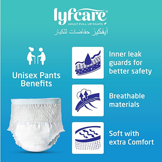 Image of Lyfcare Adult Diapers Medium Size (M) - 60 Count (Pack of 3) | Unisex Diapers Pants Style | Waist (60-85 cm) | Wetness Indicator, Super Absorption, 360 Protection & 0% Leakage | For Men & Women