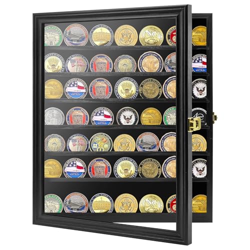 Image of Challenge Coin Display Case, 7 Rows Lockable Military Coin Display Cabinet with UV Acrylic Door, Removable Shelves & Felt Background, Large Shadow Box