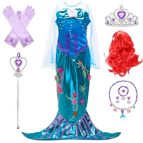 Kosplay Niñas Disfraz de Princesa Sirena con Peluca y Accesorios Vestido de Ariel Princesa Vestido de Sirena Cumpleaños Fiesta Navidad Halloween Carnaval Cosplay Vestirse Chica 110-150