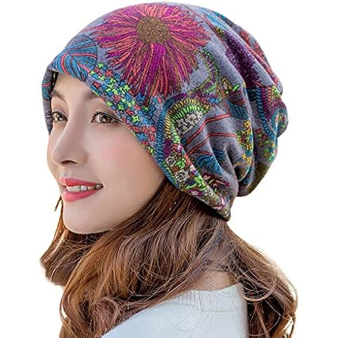 G-LIKE Dual-Purpose Pullover Cap Flower Pattern Sports and Leisure Beanie Outdoor Dome Elastic Ladies Ponytail hat Ear Protection (Gray-Red) Cover