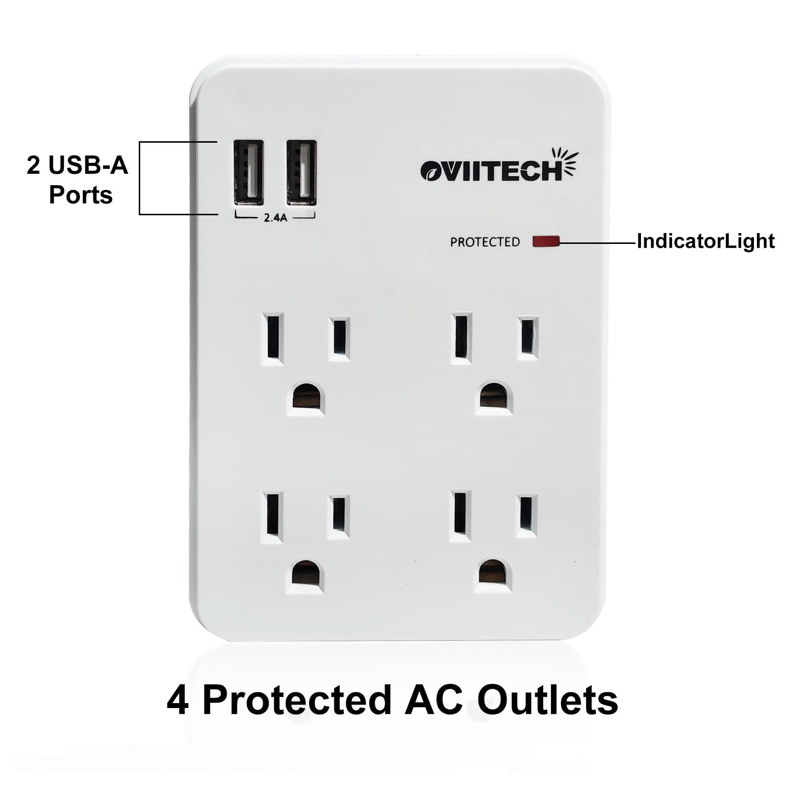 Multi-Functional Wall Mount Outlet,Surge Protector,OviiTech 4-Outlet with USB 2.4A Charging Ports Socket Outlets Adapter,1875 W,750 Joules,White,ETL Listed,2 Pack