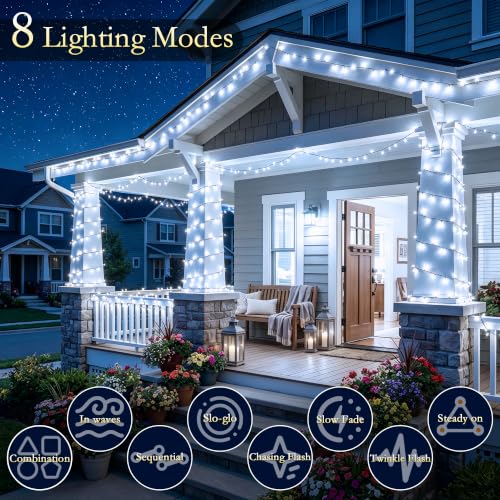 Image of 132FT 400 LED White Fairy Lights, Dark Green Wire 8 Modes Timer, IP44 Waterproof Outdoor Indoor String Lights for Patio Garden Backyard Bedroom Classroom Weeding Christmas Decor
