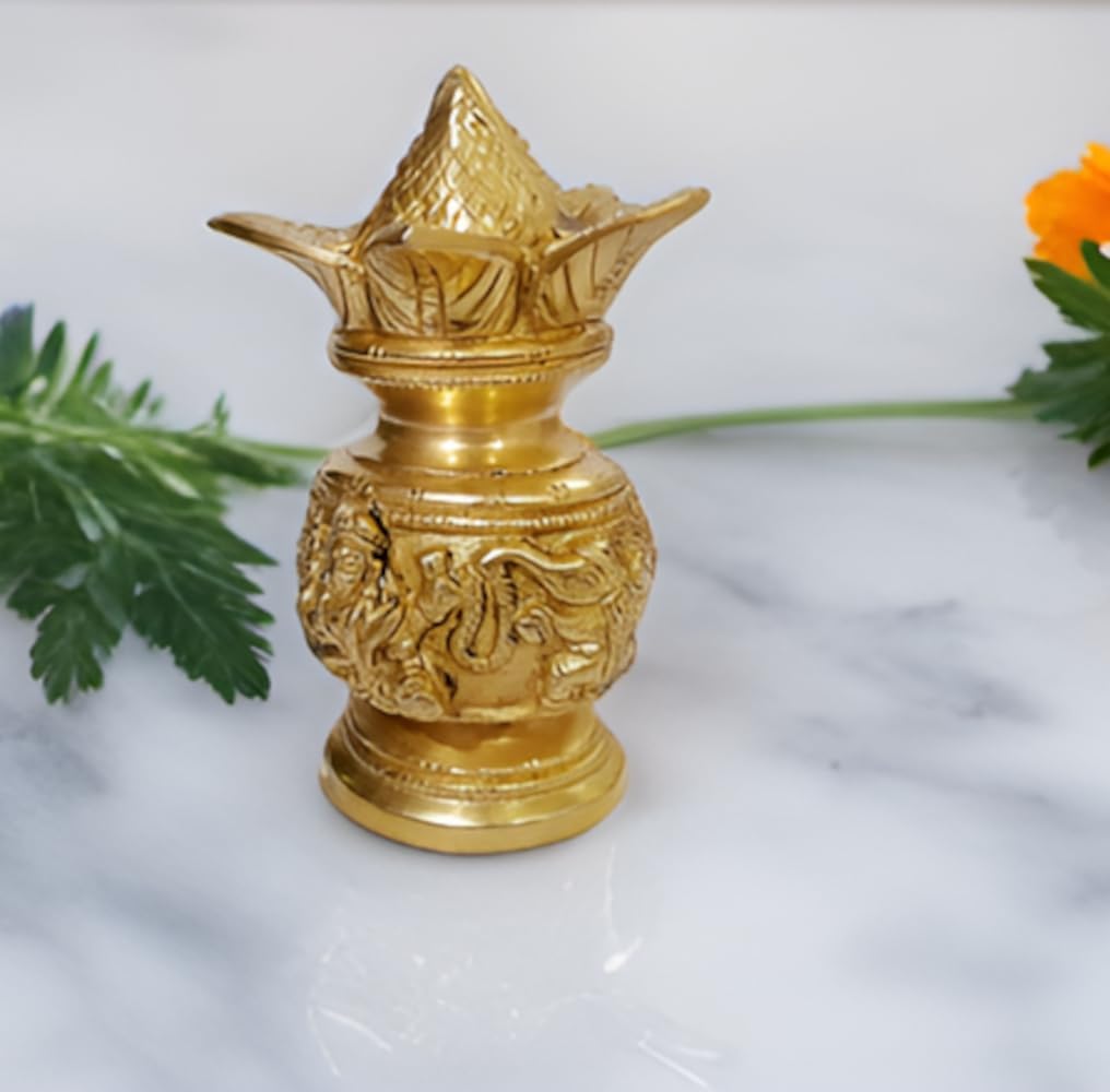 Purpledip Brass Kalash Lakshmi Ganesh: Uncommon Assortment Ornamental Temple Vase with Nariyal for Puja Hawan Ceremony (12430)