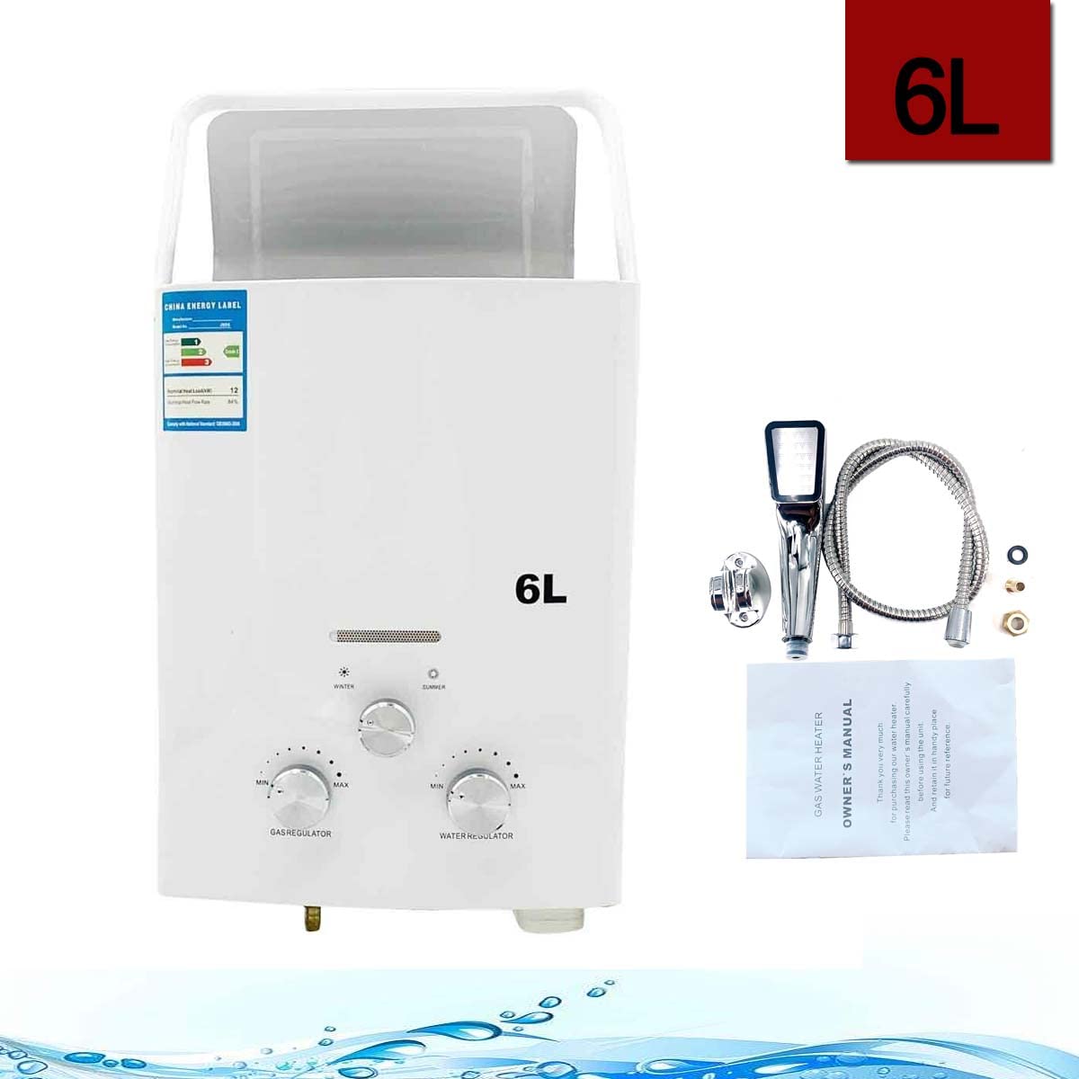 LPG Propangas Warmwasserbereiter Durchlauferhitzer Gas 6L 12KW, Tragbarer Tankloser Kesselbrenner mit Duschkopf-Kit für Kleine Häuser Segelbootkabinen für Wohnmobile Camping, White