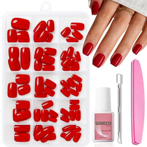 Red Press On Nails Short Square False Nails 240Pcs Christmas Red Fake Nails Set French Tip False Nails Full Cover Acrylic Nails Set Reusable Fake Nails with Glue Set for Nail Art DIY 15 Sizes