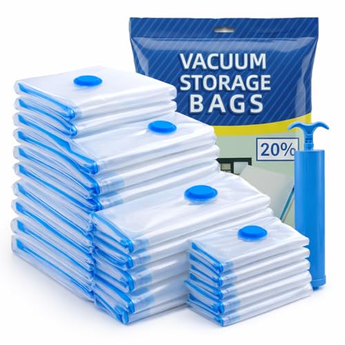 Vacuum Storage Bags with zipper Airtight valve and Hand Pump 17-Pack (3XL+4L+ 5M+5S)- clear Space Saver Reusable Compression Seal Bag for Travel Clothes Comforters Pillows Blankets