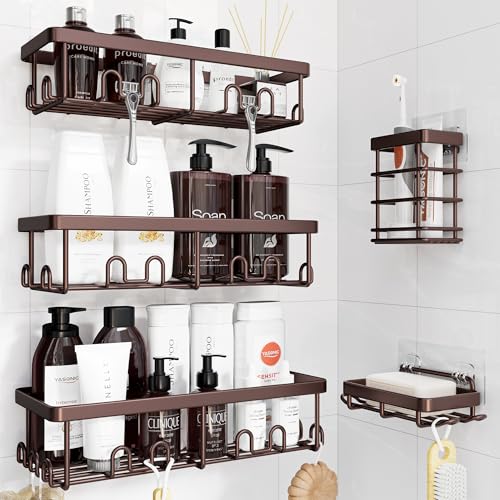 Image of YASONIC Shower Caddy Adhesive, 100% Rustproof Shower Organizer with Soap and Toothbrush Holder, Large Capacity Shower Shelves for Inside Shower, No Drill Shower Storage for Home (5 Pack Bronze)