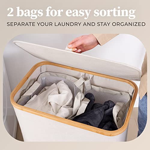 HENNEZ 141L Bamboo Beige Laundry Basket with Lid, Laundry Bin With Removable Bags, Double Laundry Basket With Handles - Image 4