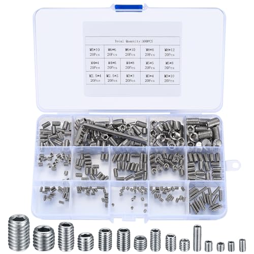 300 Stück Madenschrauben Set, Gewindestifte Inbusschraube Sortiment Kit, M2.5 M3 M4 M5 M6 M8 Sechskantkopf Schrauben mit Inbusschlüsseln für Türgriff, Türklinke, Halterung (Silber)