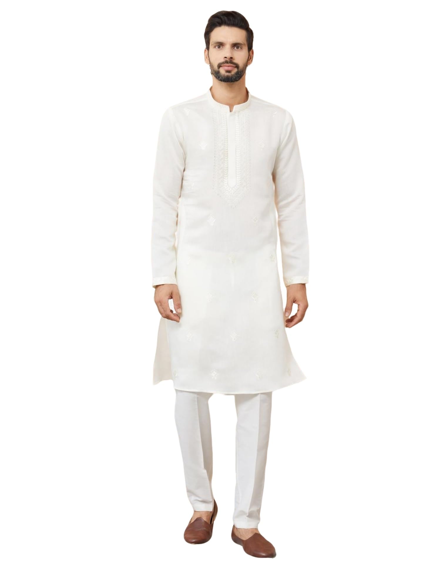 Men's Long Sleeve Mandarin Collar Side Slit Off-White Embroidered Chanderi Silk Straight Kurta-image-25