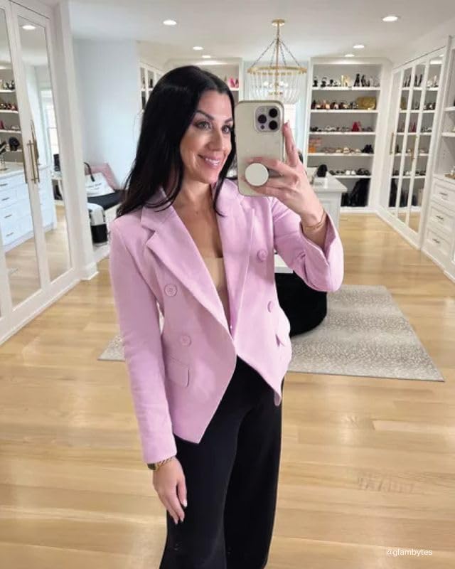 Womens Dress Jacket Double Breasted Blazer, Casual Work Wear for Women, Fitted Blazer Jacket Open Front Long Sleeve Work Office Suit Jacket, Pink Pirouette Size XS2