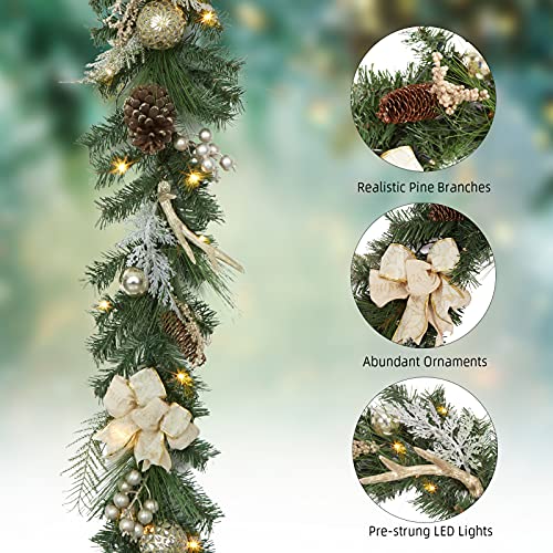 Christmas Garland with Lights, 6 FT Artificial Battery Operated Lighted Christmas Garland with Berry Antler Decorations for Indoor Outdoor Fireplace Banister Home Decor
