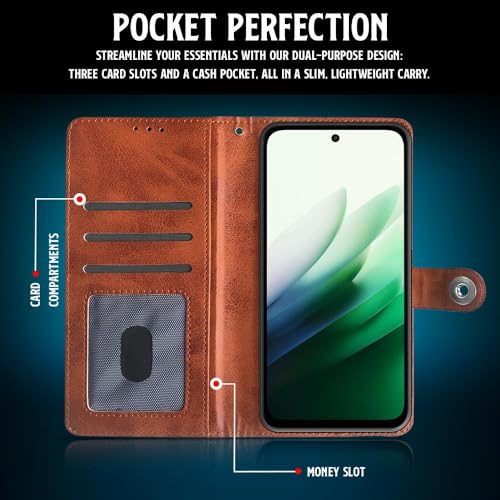 Image of WOW IMAGINE Shock Proof Flip Cover Back Case for Mi Redmi 15 5G (Magnetic Button Flip Case | Wallet Pockets & Stand | Leather Finish | Alder Brown)
