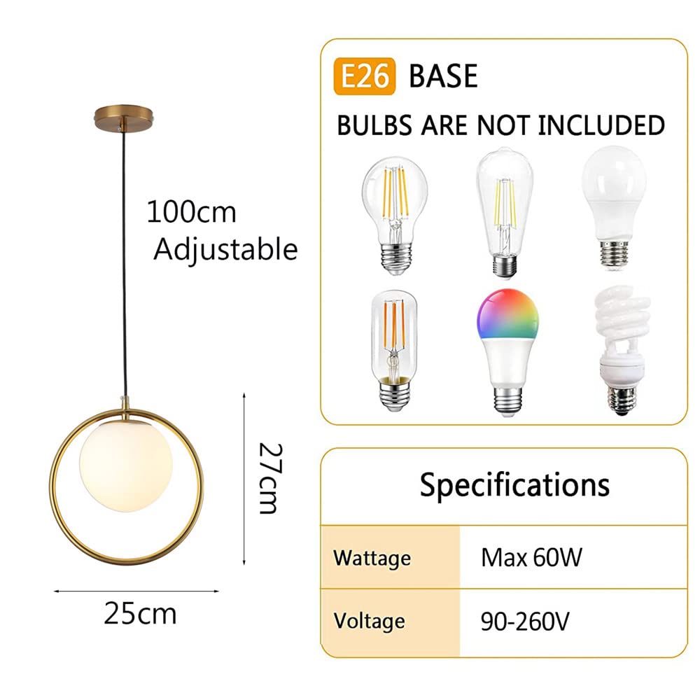 Lampada a sospensione moderna a globo a 1 luce, lampada a in vetro bianco con paralume, lampadario retrò di metà secolo, for soggiorno, camera da letto, sala pranzo