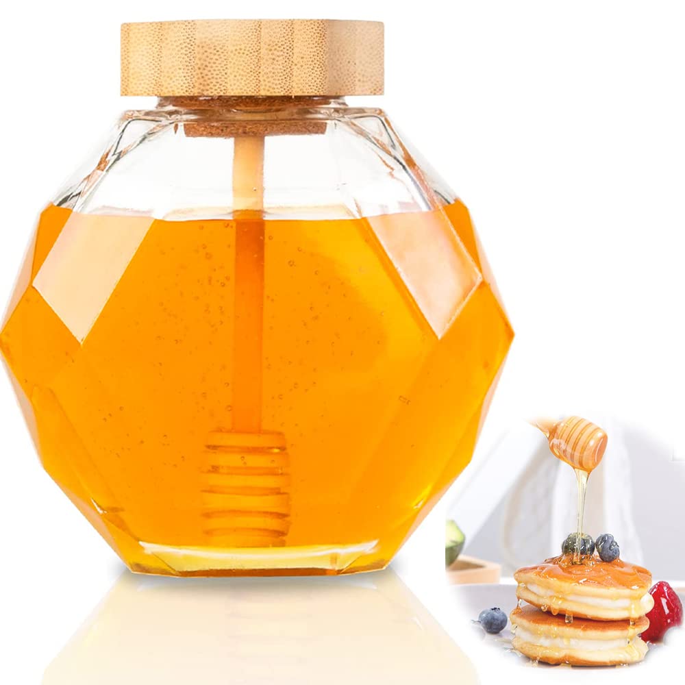 SYOSI Glass Honey Jars with Dipper Airtight Hexagonal Lid Glass Honey Jars Honey Jar with Natural Wood Lid and Dipper Transparent Honey Jar and Honey Stick set with Lid for Home Kitchen 380ML