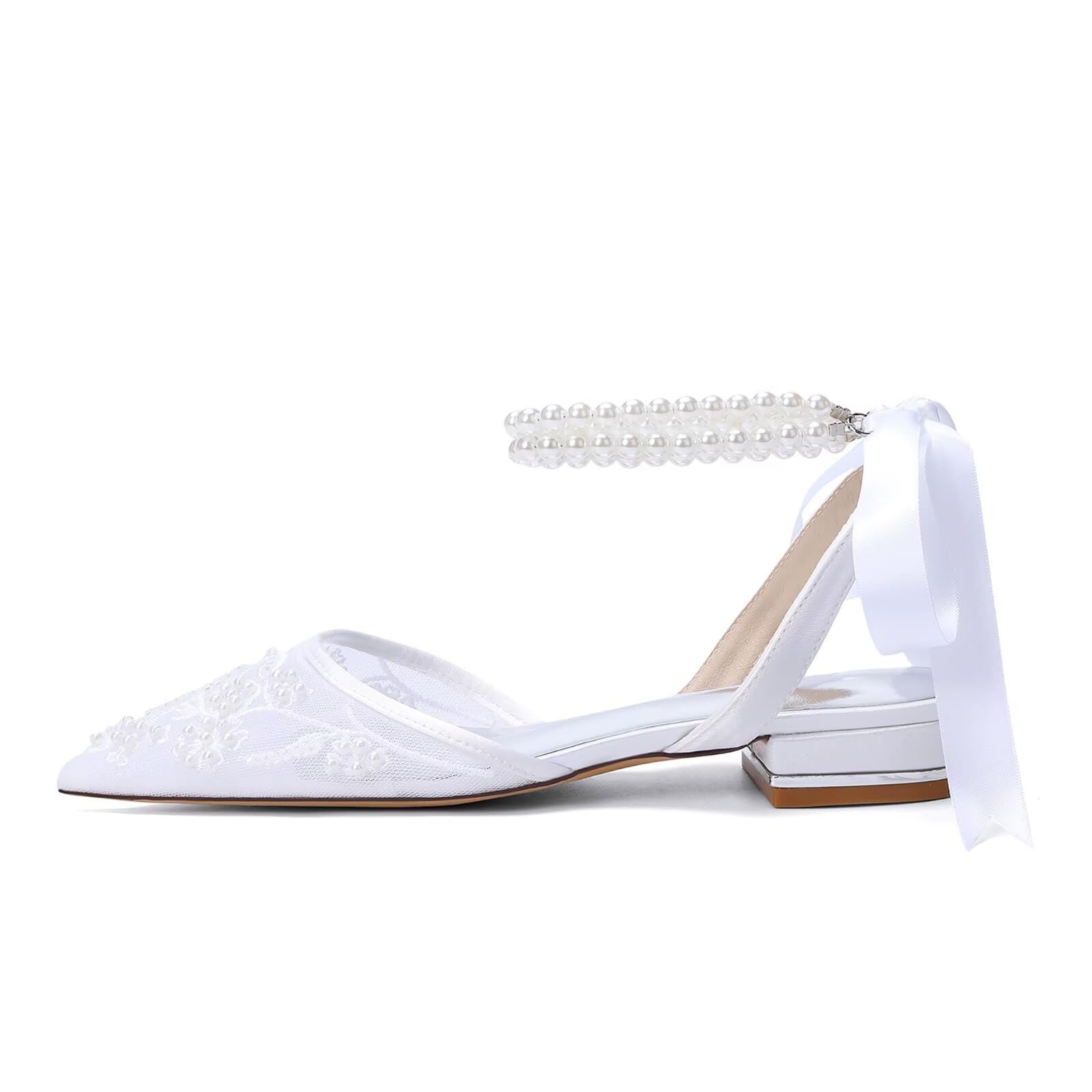 HNVAVQ Damen Brautschuhe Spitze Ballerinas Bequem 2,5 cm Blockabsatz mit Perlen und Seidenband Spitze Hochzeitsschuhe