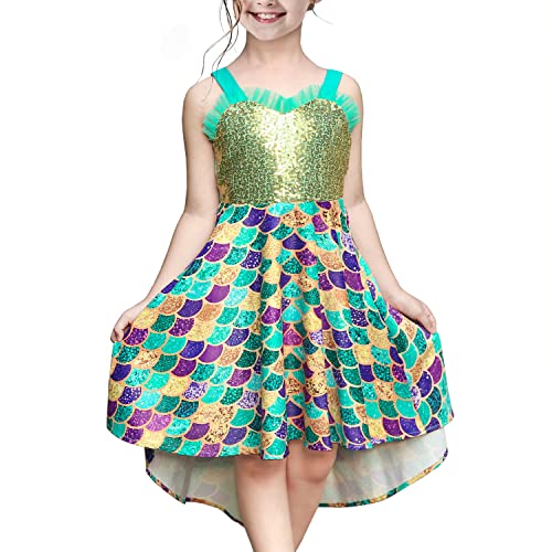 Sunny Fashion Girls Dress Mermaid Sequin Fish Scale Hi-lo Skirt Pretend Ruffle Sleeveless