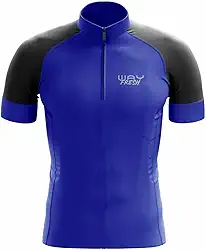 Camisa de Ciclismo Masculina com Proteção UV Modelagem Slim Manga Curta Zíper Frontal de 15 cm Tecido Poliéster Bolso Traseiro Azul Royal com Preto
