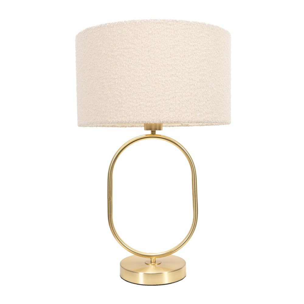 ValueLights Oval Table Lamp - Brushed Gold - Cream Boucle Drum Shade - LED Bulb