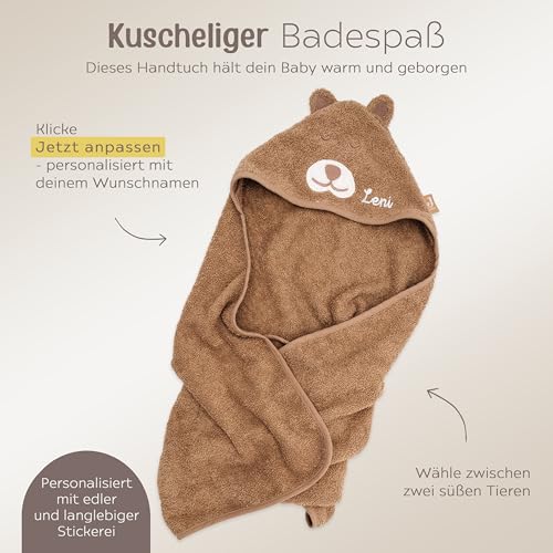 wunderwunsch Jollein Kapuzenhandtuch Baby als Geschenk zur Geburt, personalisiert mit Wunschnamen, Babyhandtuch, Babytuch, Bademantel für Babies, individualisiert mit Namen (Bär, mit Name)