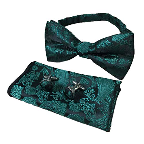 Men Big Boy Paisley Handkerchief Bow Tie Set Bowties Cufflinks Pocket Square Set (One Size, Dark Green)