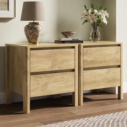 Image of MAISONARIA Oak Nightstands Set of 2, Mid Century Modern Bedside Table with Hidden Handles and Wood Legs, Wooden End Table with 2 Drawers for Bedroom
