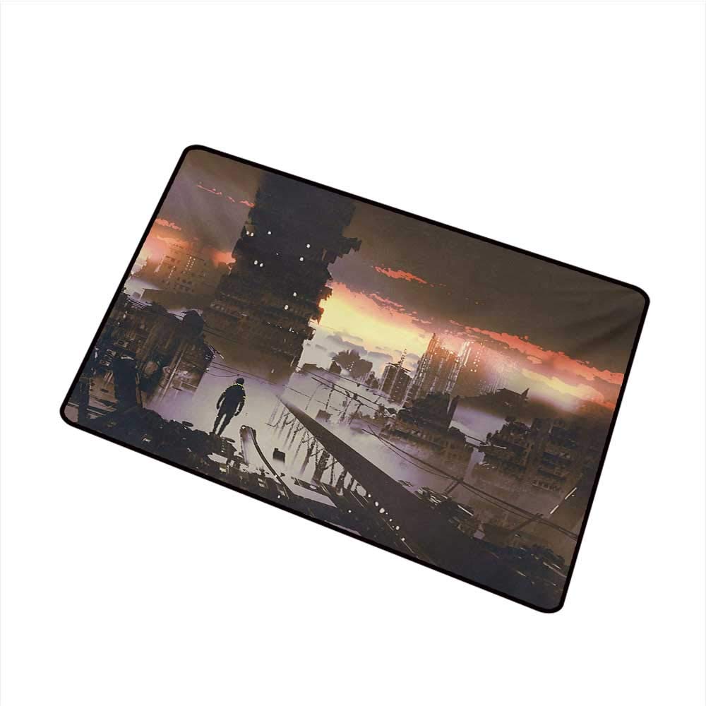 Wang Hai Chuan Fantasy Inlet Outdoor Door mat Science Fiction Abandoned City with Robot Walking Futuristic Digital Graphic Catch dust Snow and mud W15.7 x L23.6 Inch,Dark Taupe Salmon