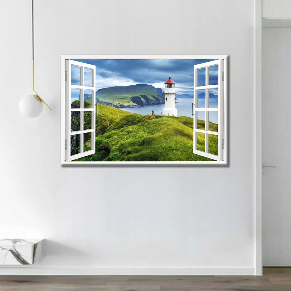 3D Window View Faroe Islands Wall Art for Living Room Canvas Art Wall Decor Mikinski Lighthouse Pictures Natural Landscape Painting Stretched Framed Ready to Hang 16x24inch - Image 3
