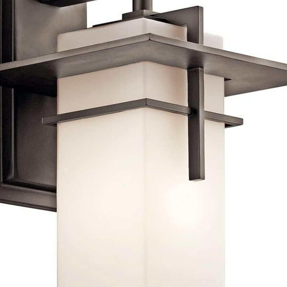 Kichler Caterham 14.75" Outdoor Wall Light in Olde Bronze®, 1-Light Exterior Porch Light Wall Sconce with Satin Etched Cased Opal Glass, (14.75" H x 8" W), 49643OZ