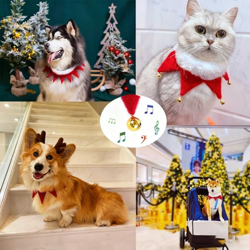 Hundehalstuch Weihnachten, Hundehalsband Weihnachten mit 5 Glöckchen, Verstellbare Katze Hunde Schal, Plüsch Haustier Kostüm Zubehör, Hund Katze Welpen Kätzchen (Rot, M)
