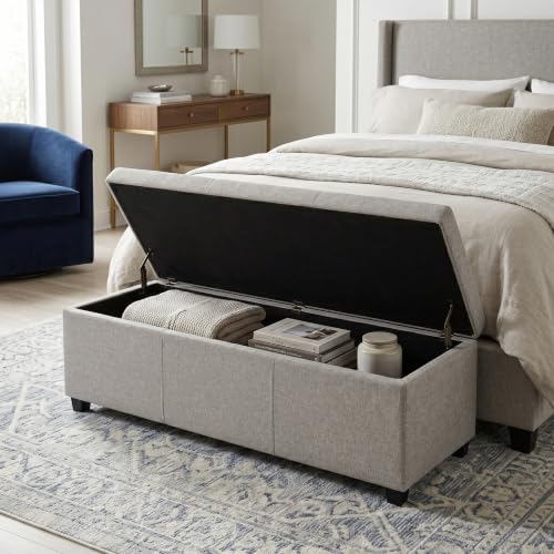 Image of SIMPLIHOME Avalon 54 inch Wide Linen Look Fabric Storage Ottoman in Cloud Grey