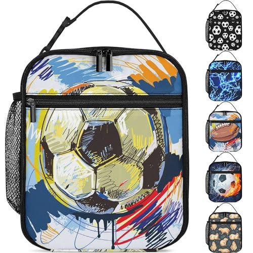 Watercolor Soccer Lunch Box Boys Girls Insulated Lunch Bag Reusable Lunchbox with Side Pocket, Lunch Box for Girls Boys Teen, Waterproof Lunch Tote...