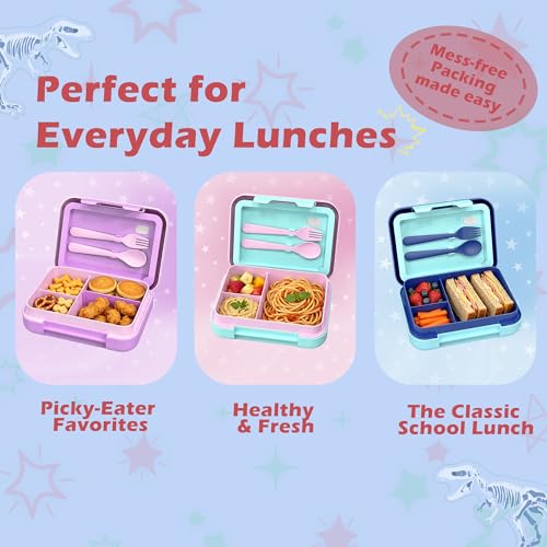 Image of Kids Bento Lunch Box for Boys & Girls - 4-Compartment Leak-Proof Lunch Container with Hidden Silicone Handle, Lightweight, BPA-Free, 855ml for School & Travel (Dinosaur)