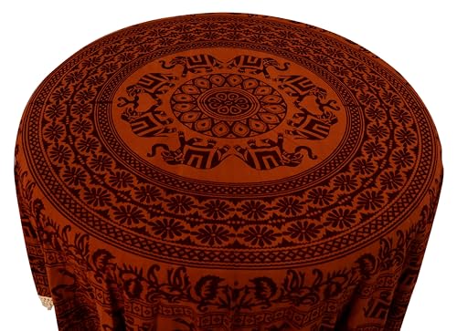Image of Royal Home and Fashion Dining Round Tablecloth 100% Cotton Multicolor Floral Bird Printed 4-6 Seater Round Table Cover with White Fringed Lace Border 75 inch (Rust Multi- RHF-A3036)