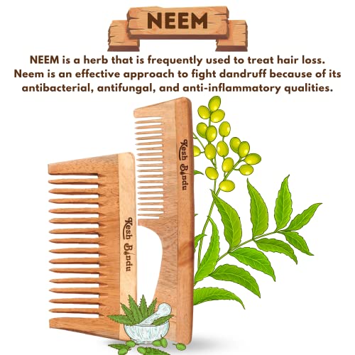 Image of Handmade Kacchi Neem Wooden Comb For Men & Women Detangling, Frizz Control & Shine, Suited For All Hair Diffrent Type of Kangi Combo Pack 2pis (Handle + Wide Tooth)