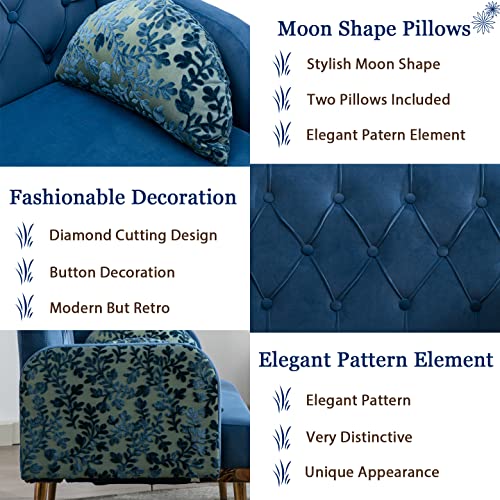 55-Inch Small Velvet Couch With Elegant Moon Shape Pillows, Twin Size Loveseat Accent Sofa With Golden Metal Legs, Living Room Sofa With Tufted Backrest, 600 Pounds Weight Capacity, Light Blue #TOP4