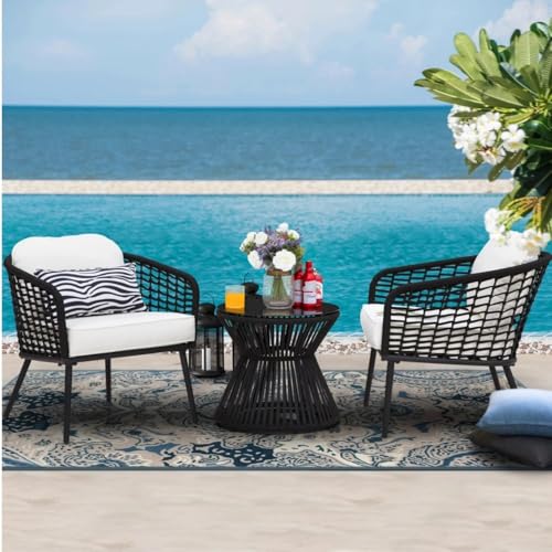 Image of LOCCUS 3-Piece Outdoor Patio Furniture Set | 2 Rope Wicker Chairs + 1 Round Glass-Top Side Table | All-Weather Rattan Conversation Set for Balcony, Garden & Patio | Comfortable & Compact Design