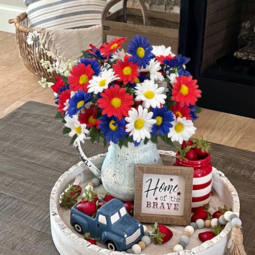 Image of 4 Bunches Memorial Day Flowers for Cemetery 15 inch Red White and Blue Artificial Flowers Faux Daisies Silk Flowers for 4th of July Table Decorations Indoor Outdoor
