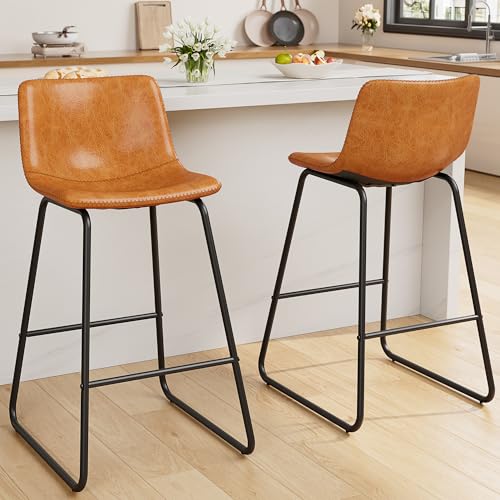 Image of REONEY Bar Stools Set of 4, 26 inch PU Leather Counter Height Barstool, Brown