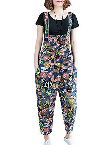 Flygo Women's Loose Denim Wide Leg Cropped Harem Overalls Pants Jeans Jumpsuits (One Size