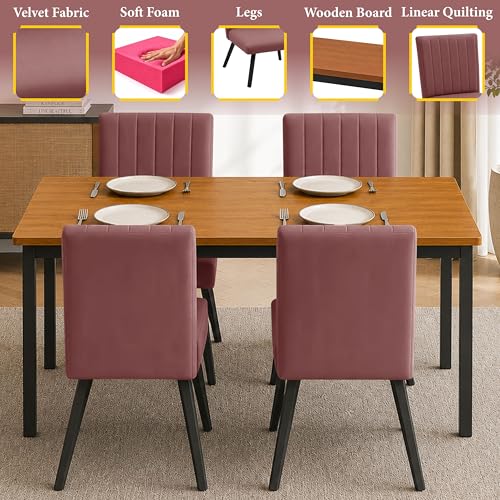 Image of Rosebell Set of 4 Dining Table Chairs with Wooden Top Table, Upholstered Cushioned Chairs, Modern Compact Dining Set for Home, Kitchen & Dining Room (Rose Pink)