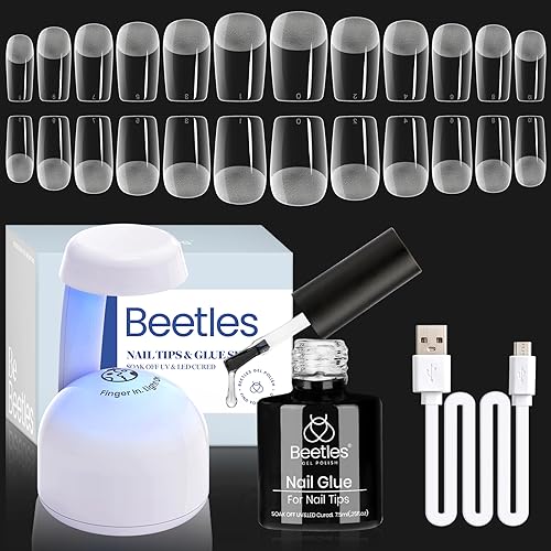 Gelab cosmetics LLC Beetles Gel Nail Kit Curve-EX, Almond Short, 320pcs 16 Sizes Nail tips, with 15g Nail Glue Gel Hands-Free, 7.5ml Base Gel & Top Coat, Mini Lamp, for Acrylic Press On Nail, Extension DIY Set at Home