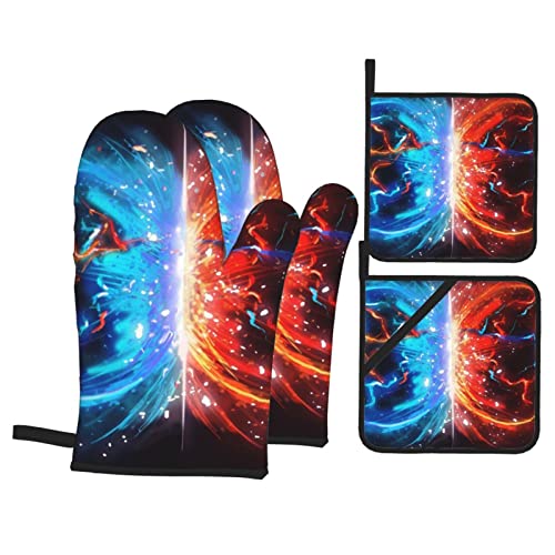 Guanti da forno stampati con palline di ghiaccio e fuoco, guanti da forno resistenti al calore e presine, grigliate, cucine, cottura al forno (set da 4 pezzi)