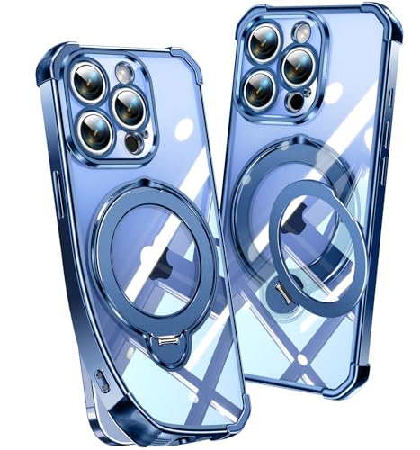 Image of Soft Case for iPhone 15 Pro with 360 Rotating Magnetic Stand, Compatible with Mag-Safe, 4X MIL-Drop Protection, Lightweight Glossy Anti-Yellowing Clear Back Phone Cover for iPhone 15 Pro 6.1 inch, Blue