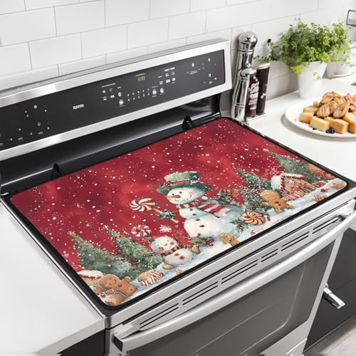 Image of Christmas Snowman Gingerbread Extra Large Stove Top Covers Water & Heat Resistant Mat for Kitchen Folding Square Glass Countertop Protector with Hooks Easy to Clean Christmas Decor