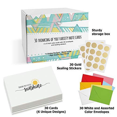 Dessie 30 Fun Thinking Of You Cards With Envelopes. 30 4X6 Inch Note Cards With Envelopes Set - Blank Inside. 6 Unique Designs. Assorted Color Envelopes And Gold Seals. Sturdy Storage Box #TOP6
