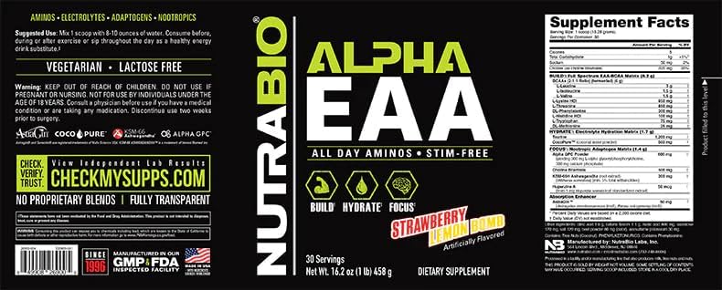 NutraBio Alpha EAA - All-Day Amino Acids for Muscle Growth and Hydration - Essential Amino Acids with Nootropics & Adaptogens- Full Spectrum EAA BCAA Powder - 30 Servings - Strawberry Lemon - Image 4