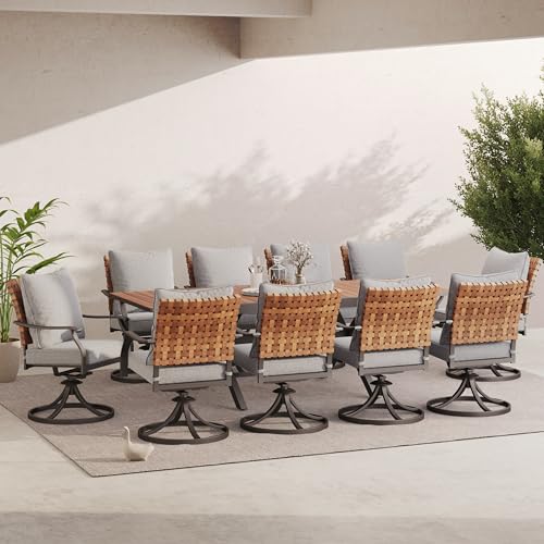 Image of Grand patio 11-Piece Outdoor Dining Set, 10 Leather-Look Wicker Swivel Patio Chairs & 1 Extendable Rectangular Dining Table, Brown